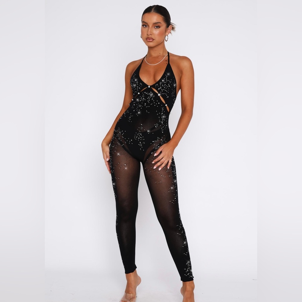 White Fox Boutique Black Jumpsuit with Silver Accents
